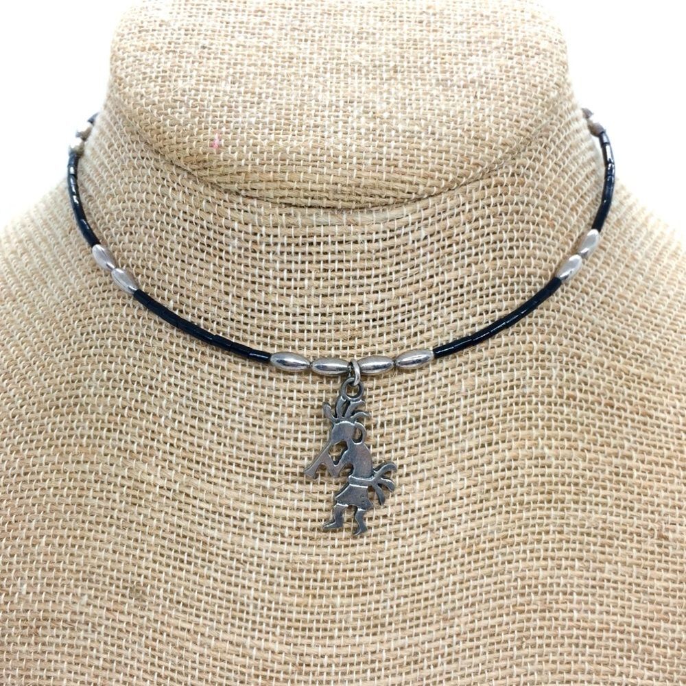 VINTAGE Kokopelli Choker Necklace Silver Tone Wire Black Beads Southwest Festiva